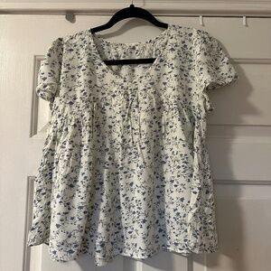 Shein White and Blue Floral Print Babydoll Top Blouse Women's Sz S Short Sleeved